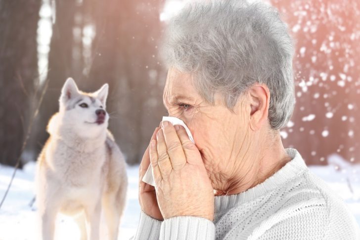 woman sneezing, allergic to dog